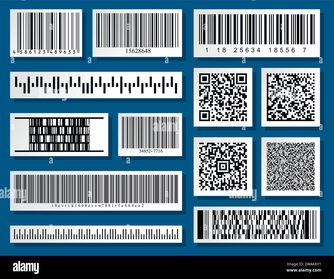 Barcodes and QR codes collection set. Black striped code for digital