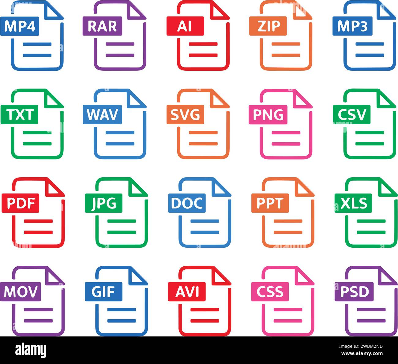File type icon set. Popular files format and document. Format and extension of documents. Set of