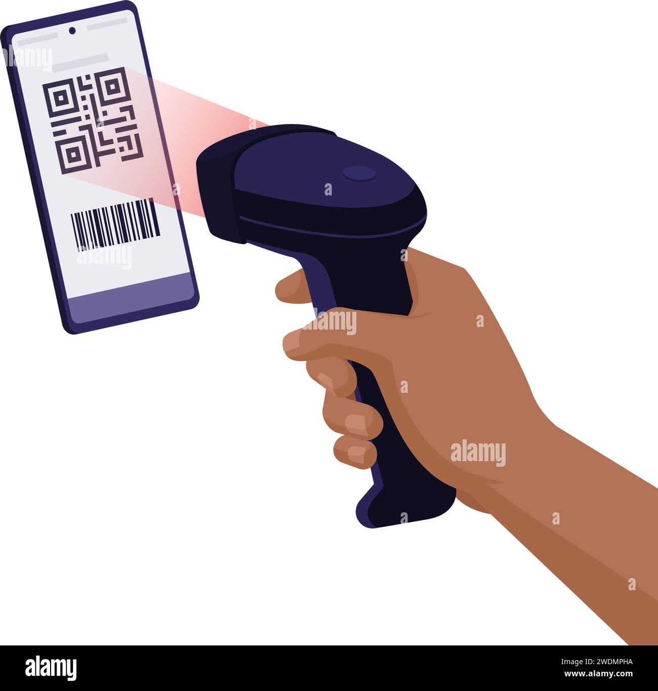 Scanner recognizing and reading a QR code on smartphone screen, QR code