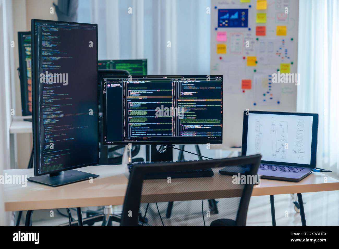 Software development office Workstation setup with multiple monitors displaying code and