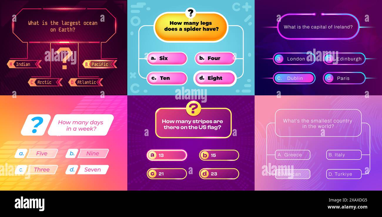 Trivia game ui. Question and answer template for quiz show, multiple