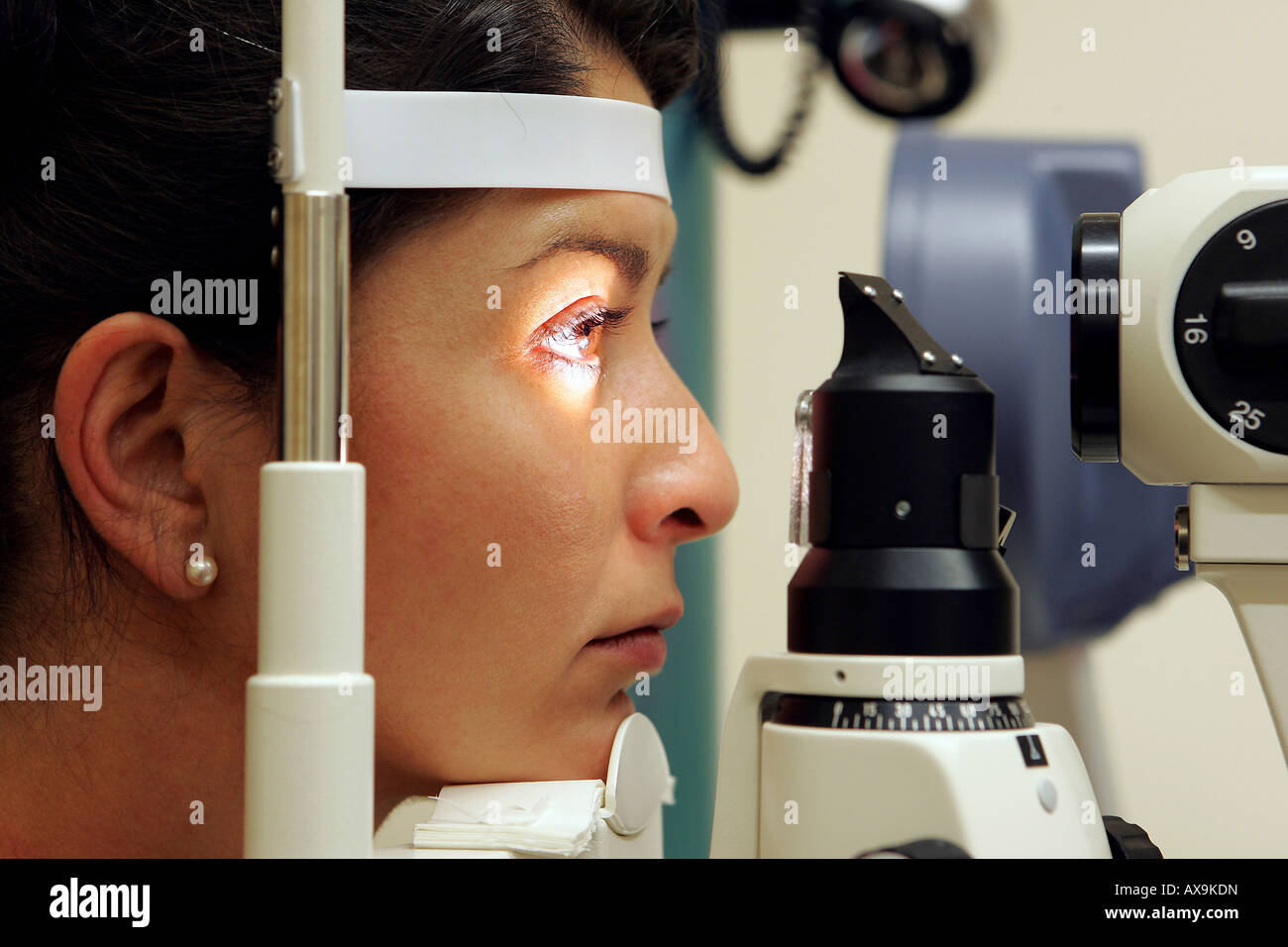 Eye examination using a slit lamp Stock Photo Alamy