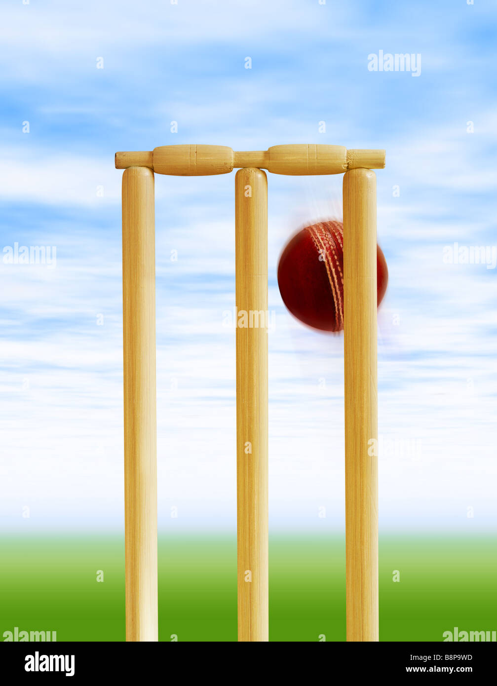 Cricket ball bat ashes red stump stumps match pitch hires stock