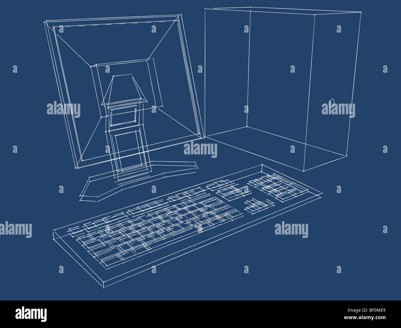 Blueprint of a computer, LCD monitor and keyboard in three dimensions Stock Photo Alamy