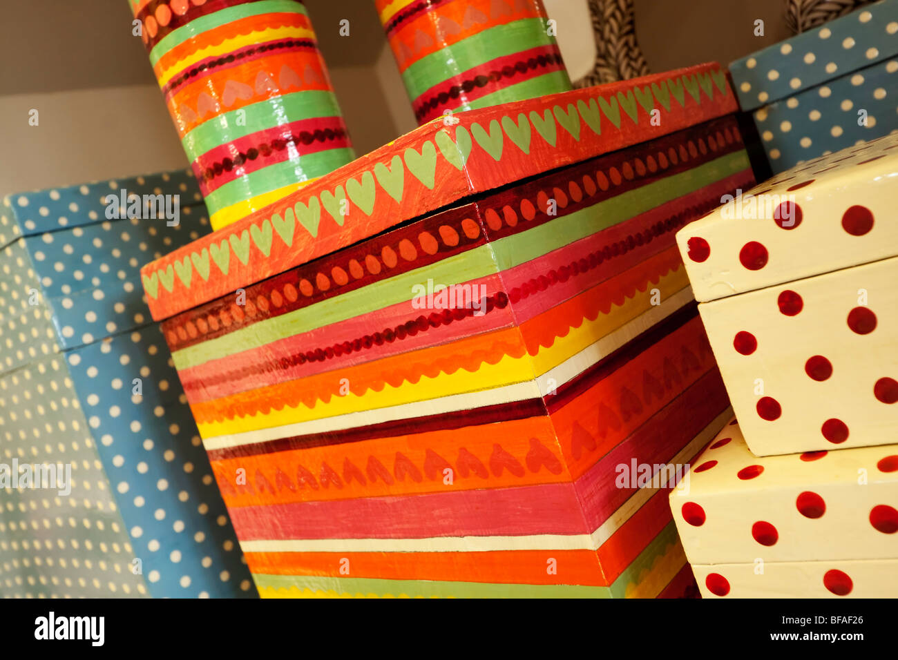 Colourful, patterned storage boxes Stock Photo Alamy
