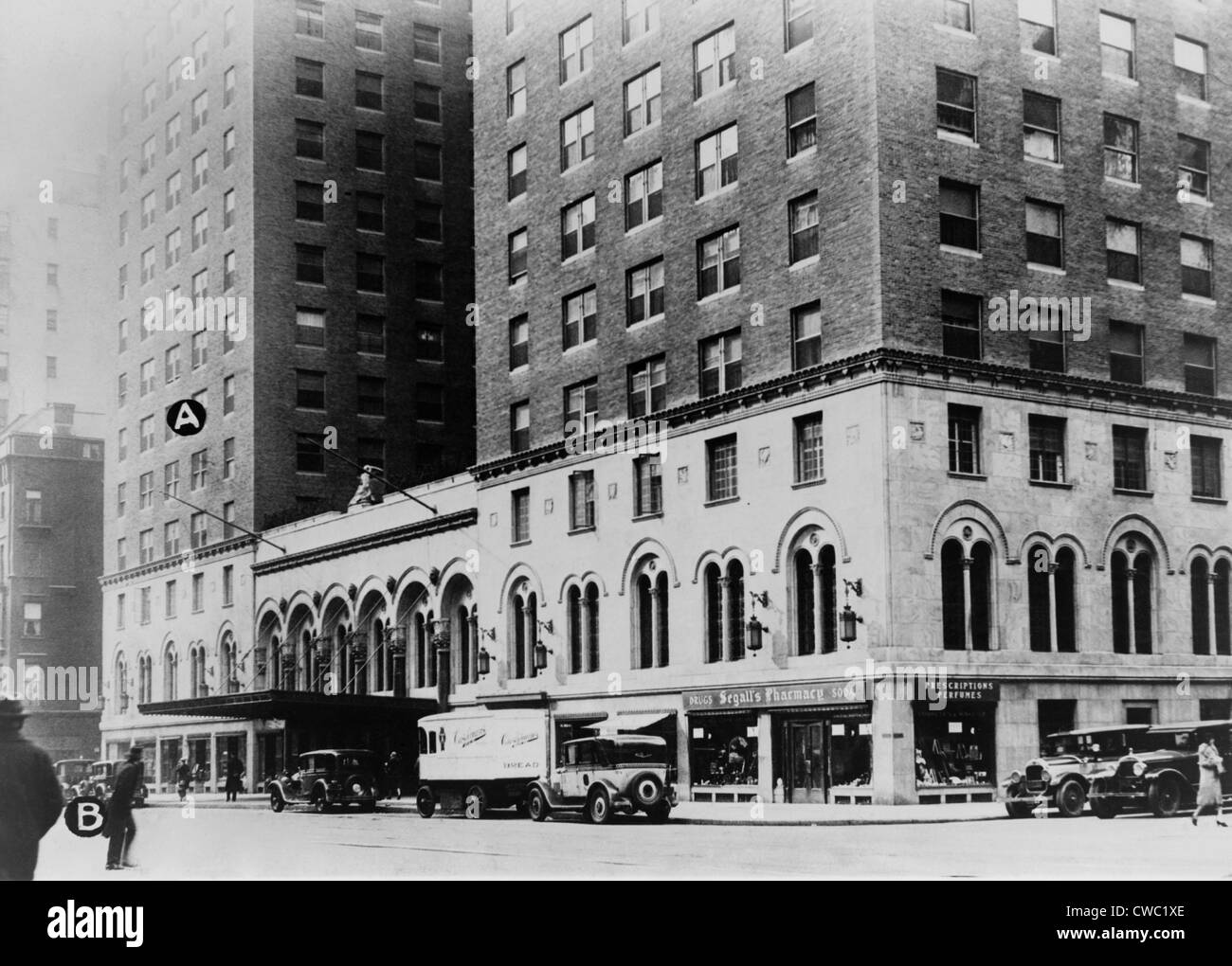 Manhattan's Park Central Hotel with 'A' marking where Arnold Rothstein
