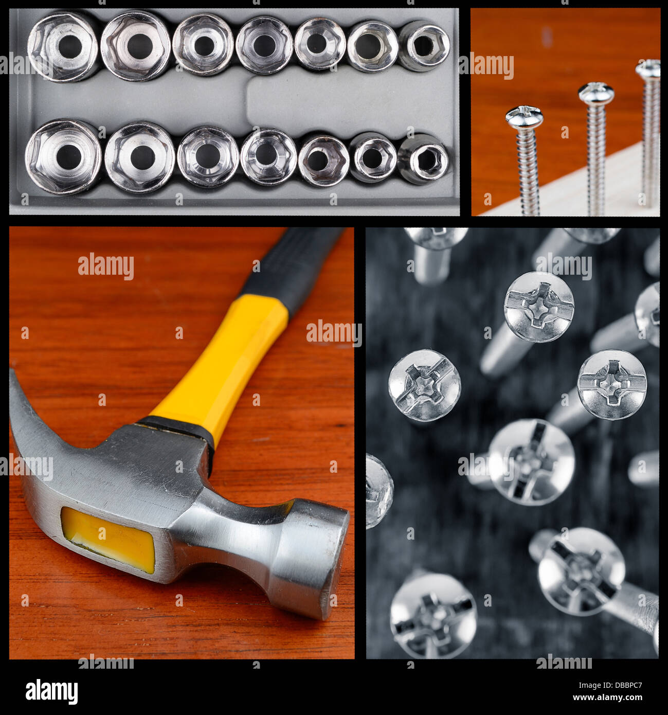 Carpentry, construction hardware tools collage Stock Photo Alamy