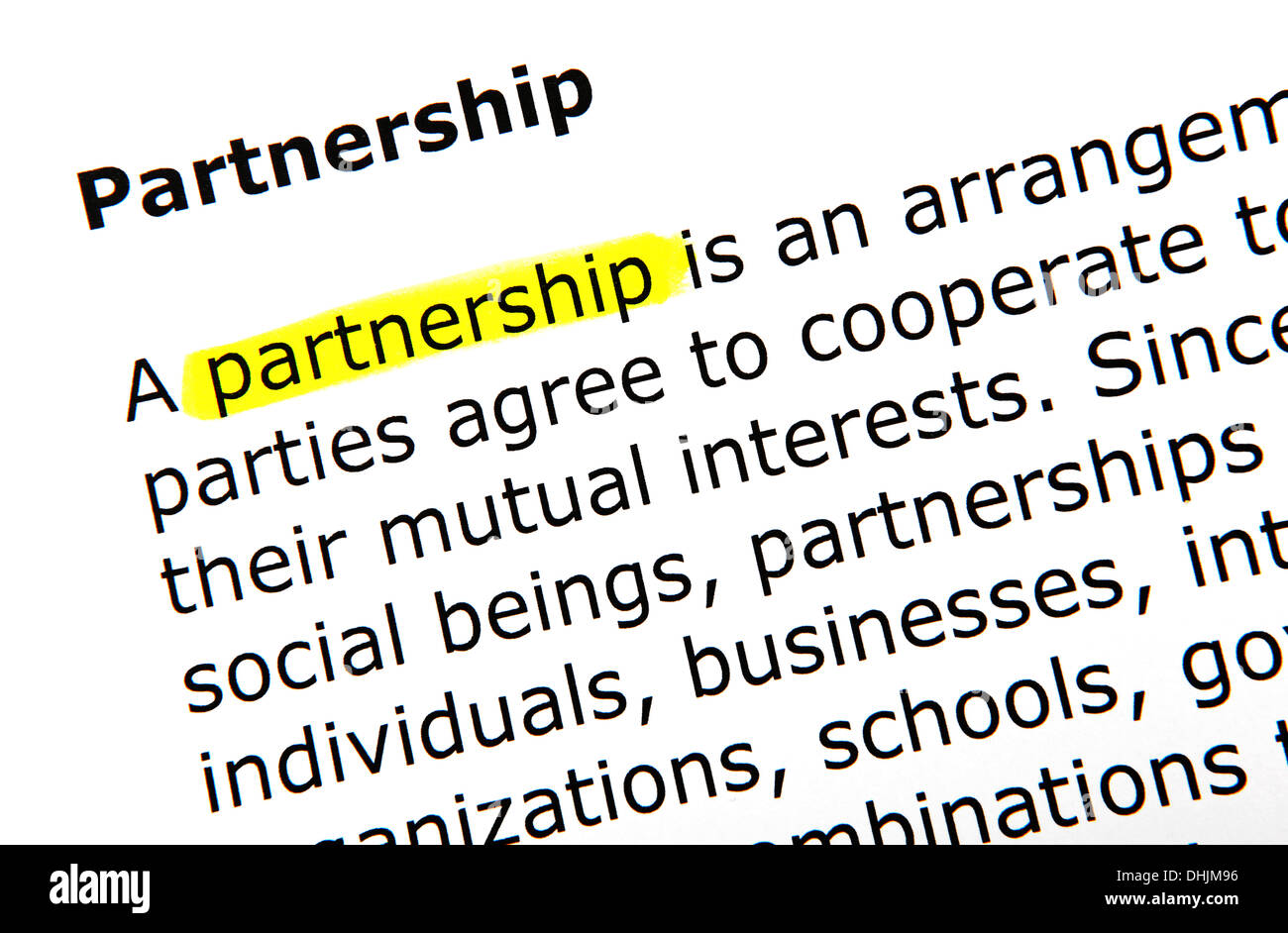 Partnership definition dictionary highlighter hires stock photography