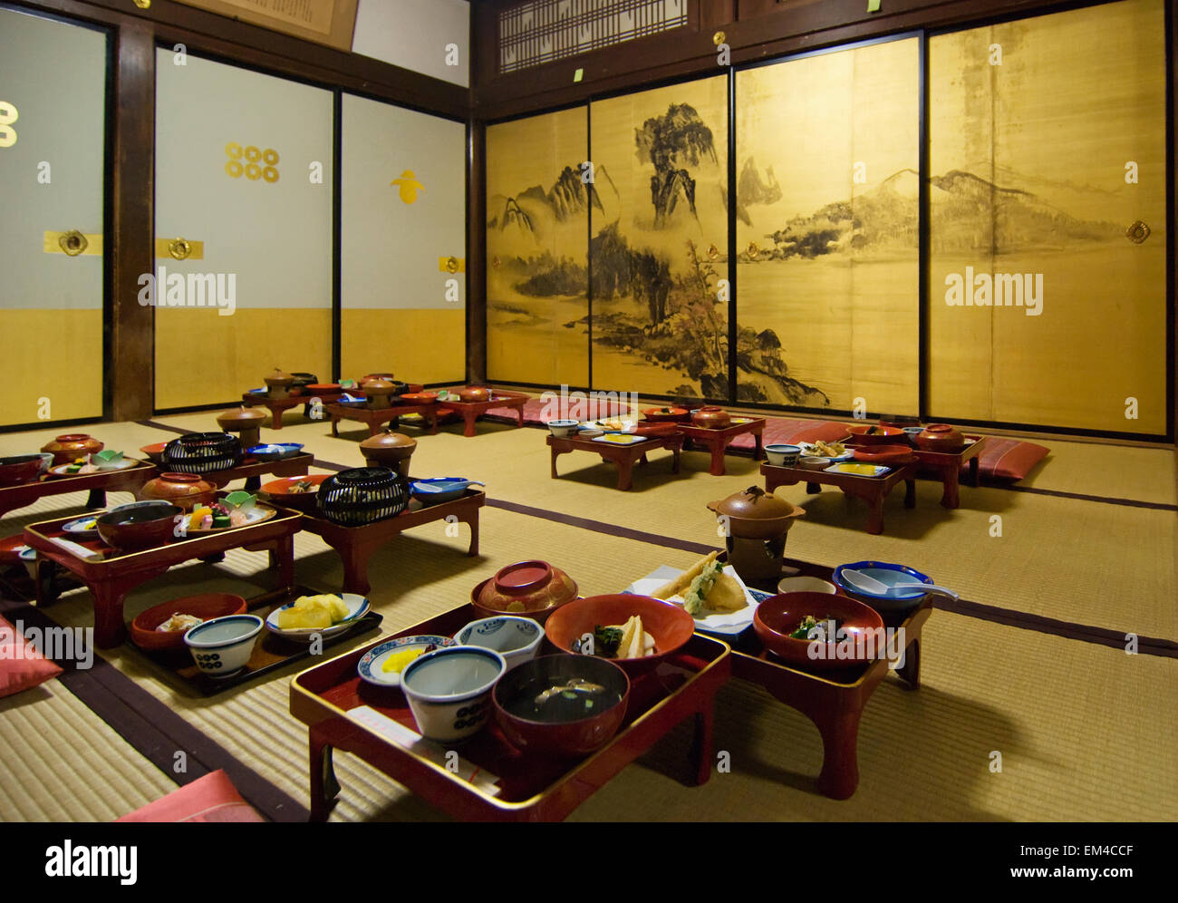 Dining Room With Tables SetUp And Dinner Served In A Japanese Temple