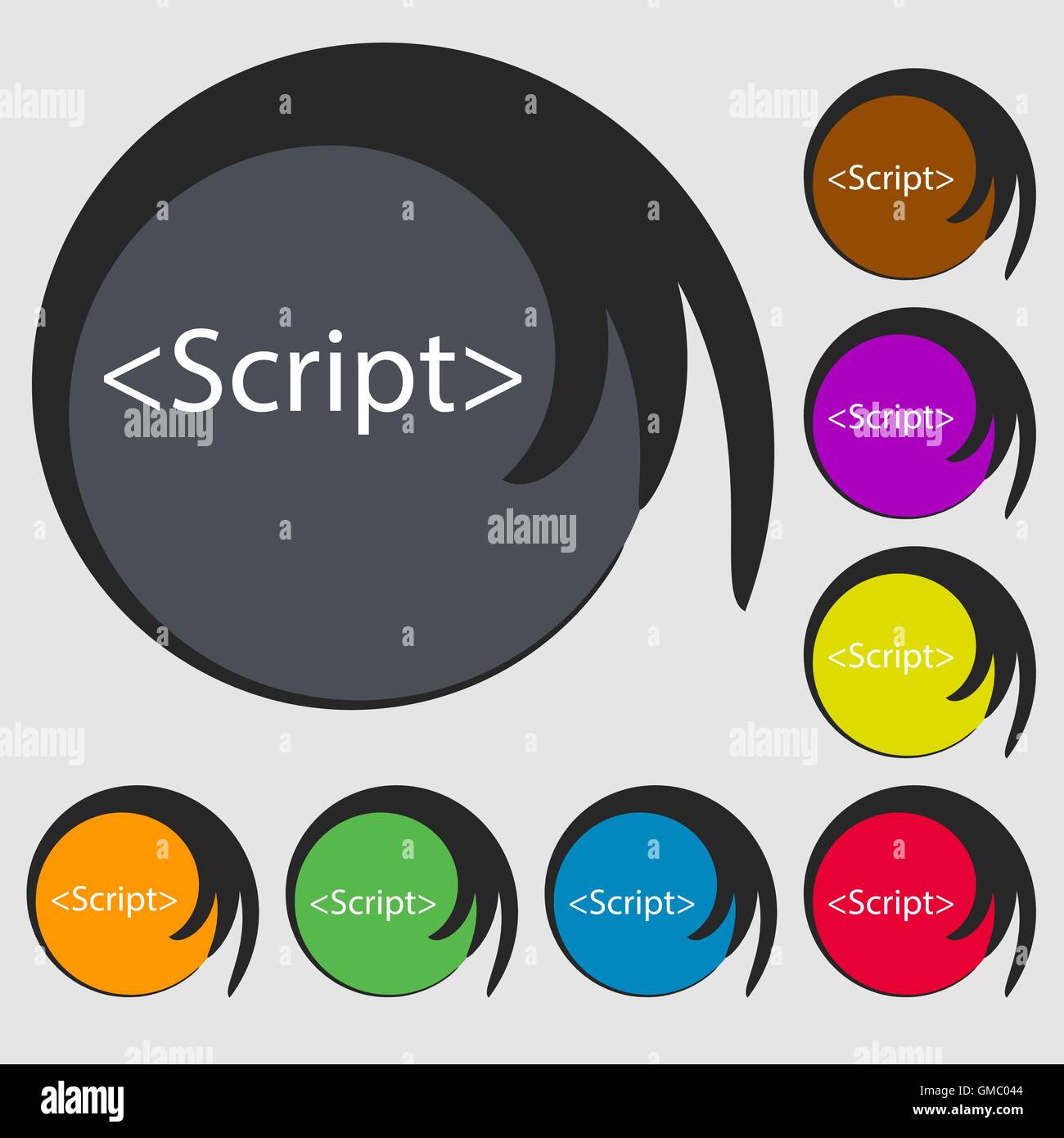 Script sign icon. Javascript code symbol. Symbols on eight colored buttons. Vector Stock Vector