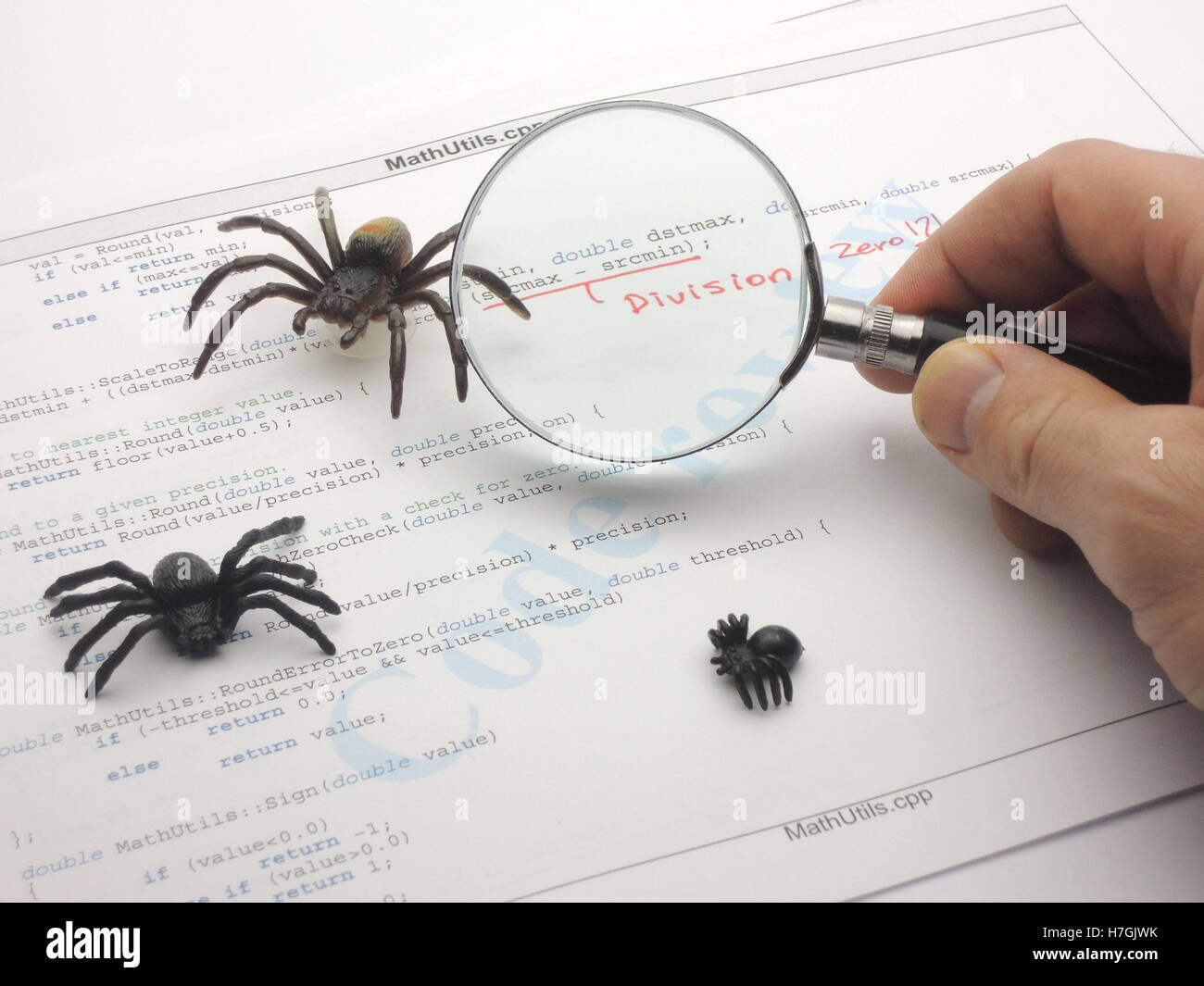 Bugs in the source code. Division by zero error in a c++ program. The programmer is inspecting