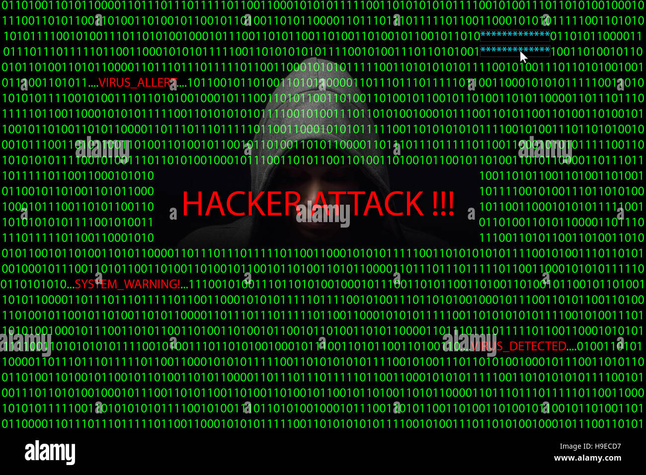 Hacker over a screen with binary code and warning messages Stock Photo