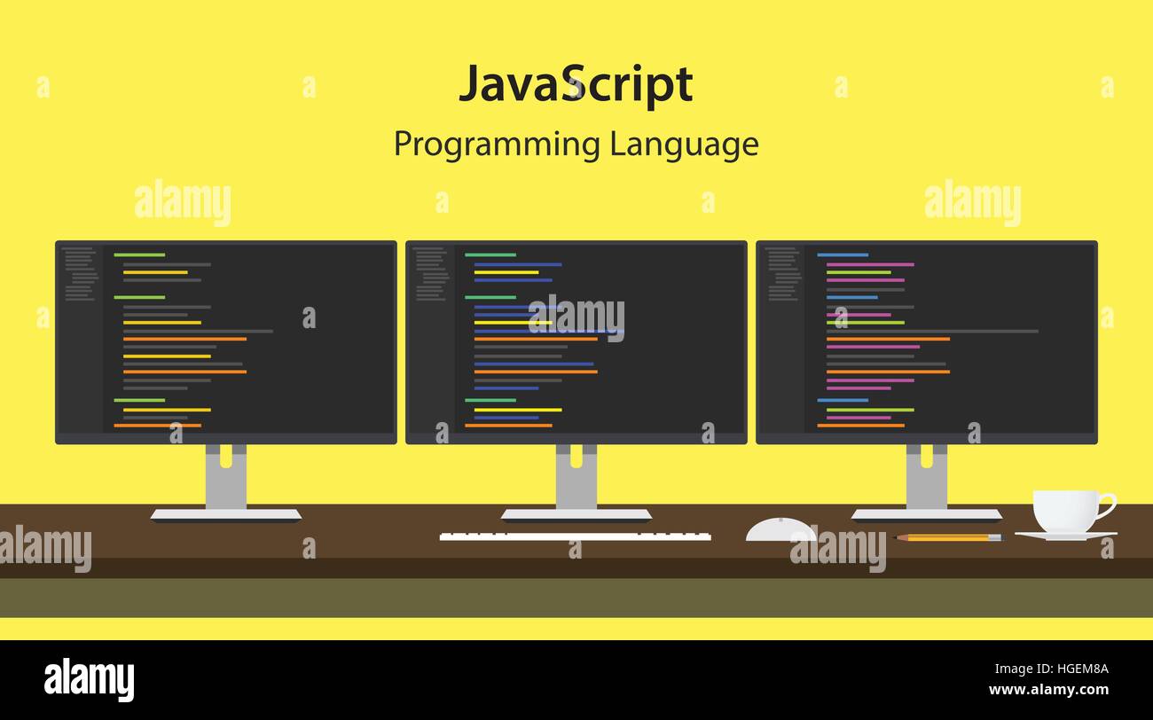 Illustration of JavaScript programming language code displayed on three