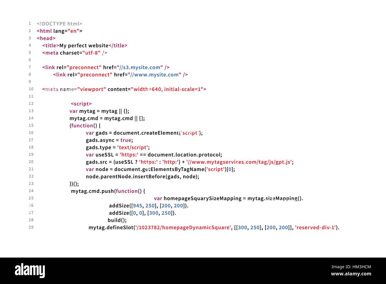 Simple website HTML code with colourful tags in browser view on white