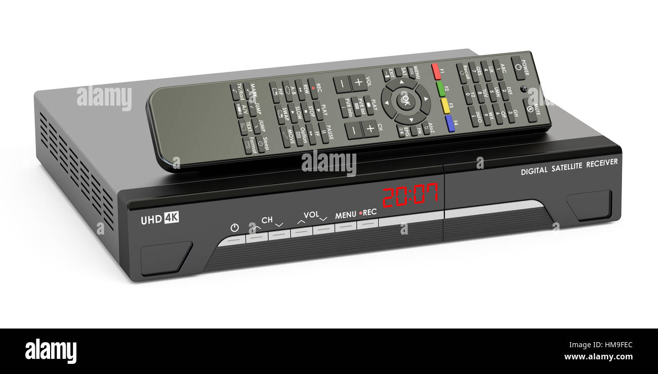 Digital satellite receiver with remote control, 3D rendering Stock