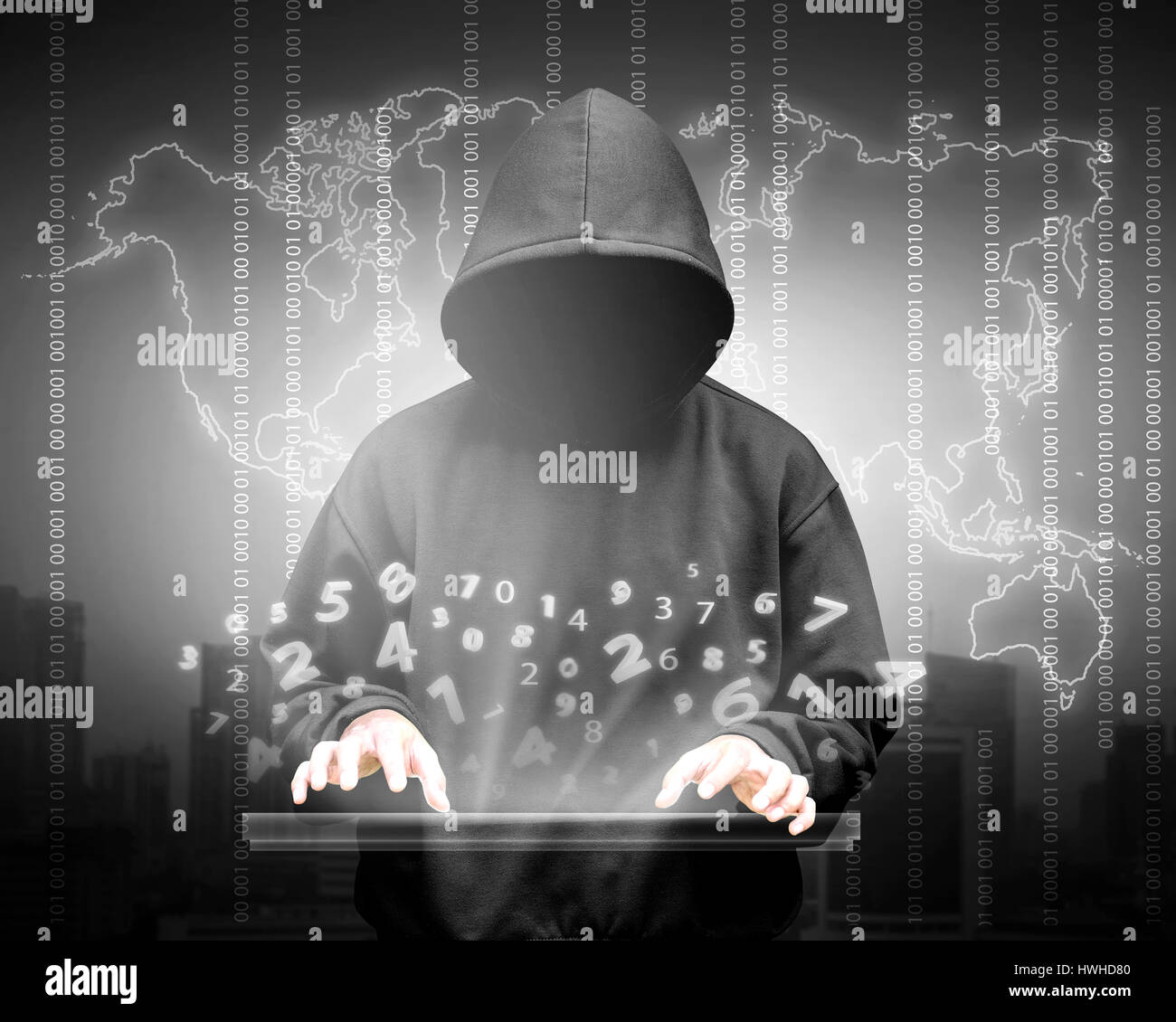 Computer hacker silhouette of hooded man with binary data and network