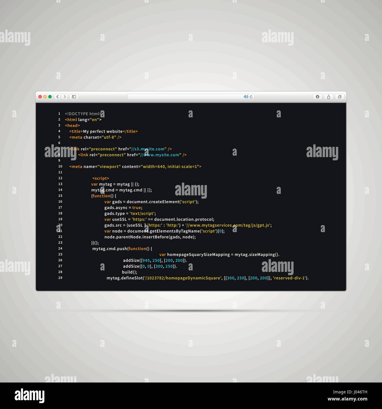 Modern browser with simple html code of web page on black background