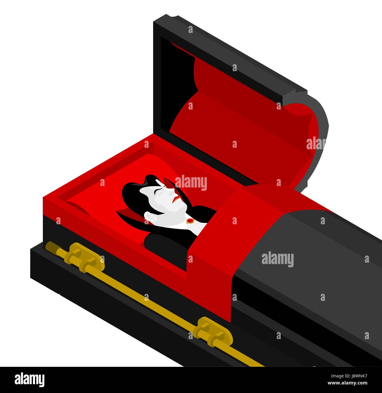 Dracula in coffin. Vampire Count in an open coffin. Ghoul in casket