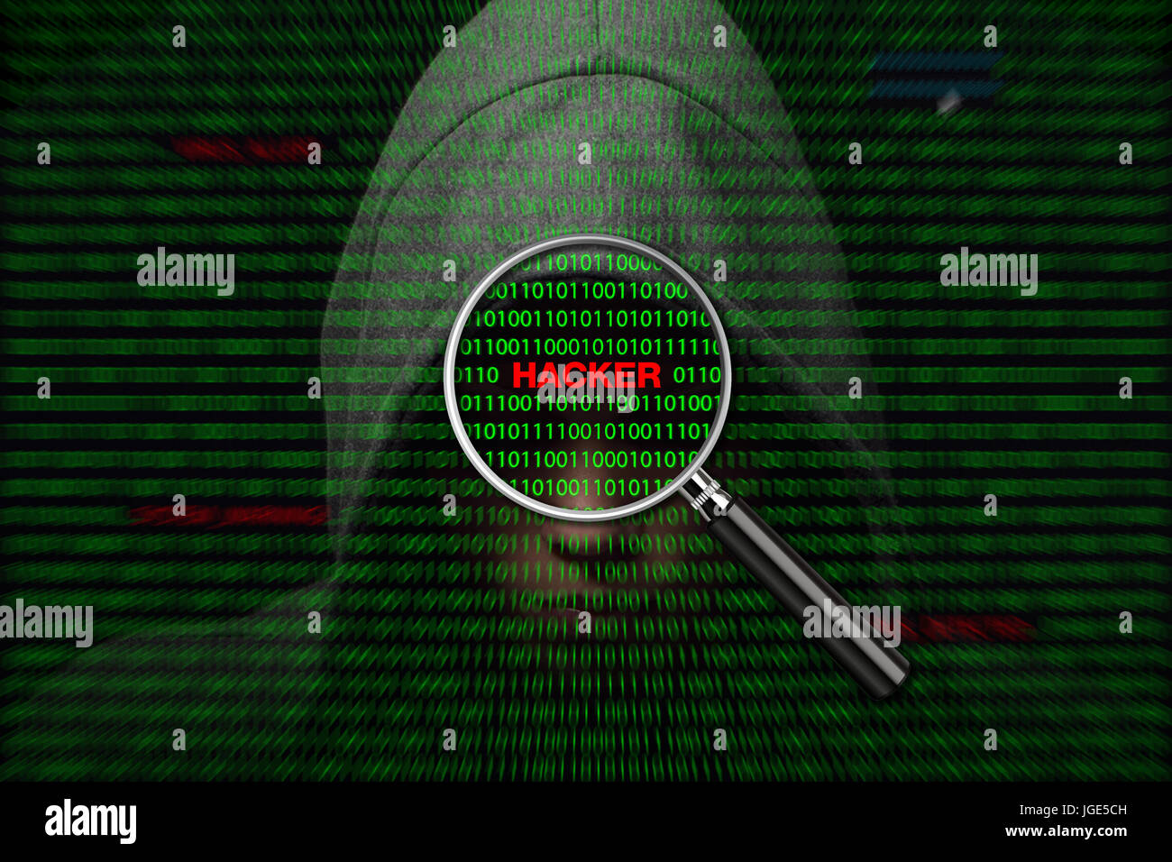 Hacker over a screen with binary code and hacker warning messages Stock
