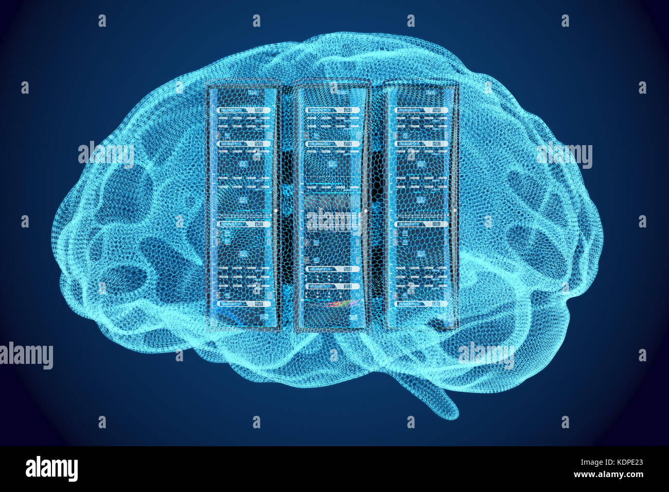 Artificial intelligence concept, Computer server racks inside brain, 3D