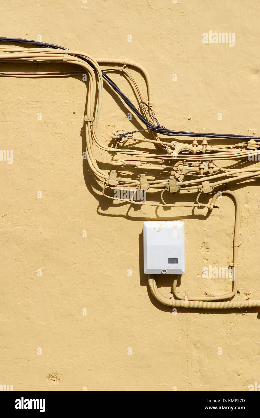 Electrical wiring on outside wall Stock Photo Alamy