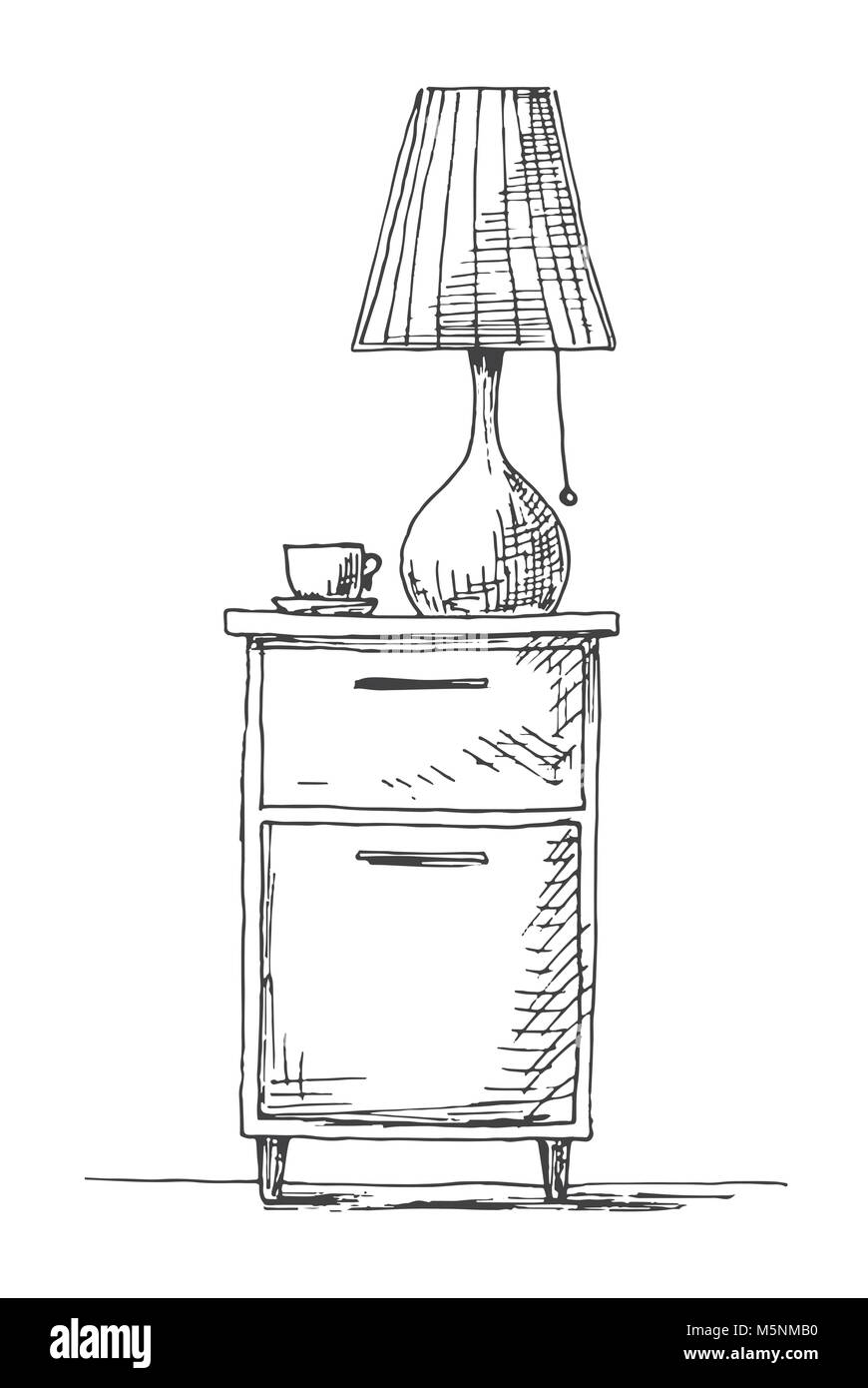 Bedside table with a lamp. Vector illustration in sketch style Stock
