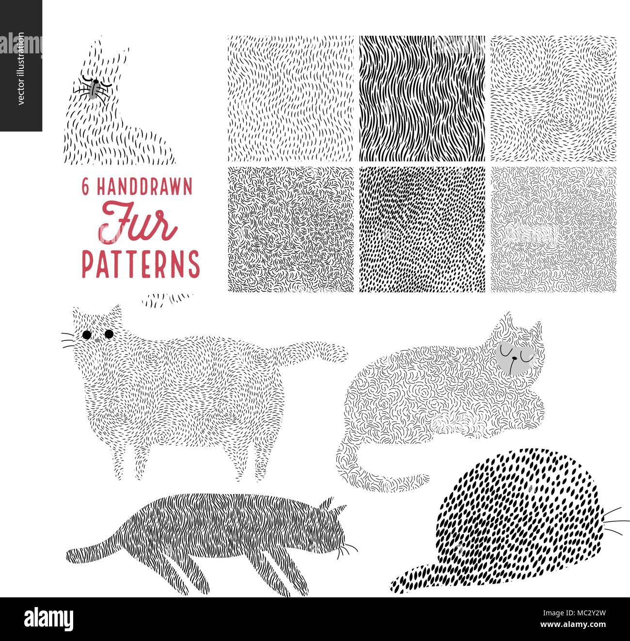 Handdrawn patterns with cats. Fur patterns with an usage example. Cats