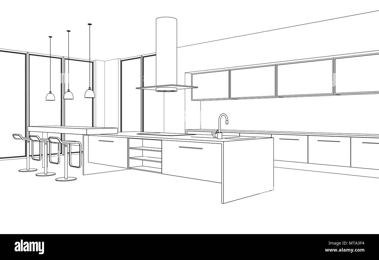 Interior Design modern Kitchen Drawing Plan Stock Photo Alamy