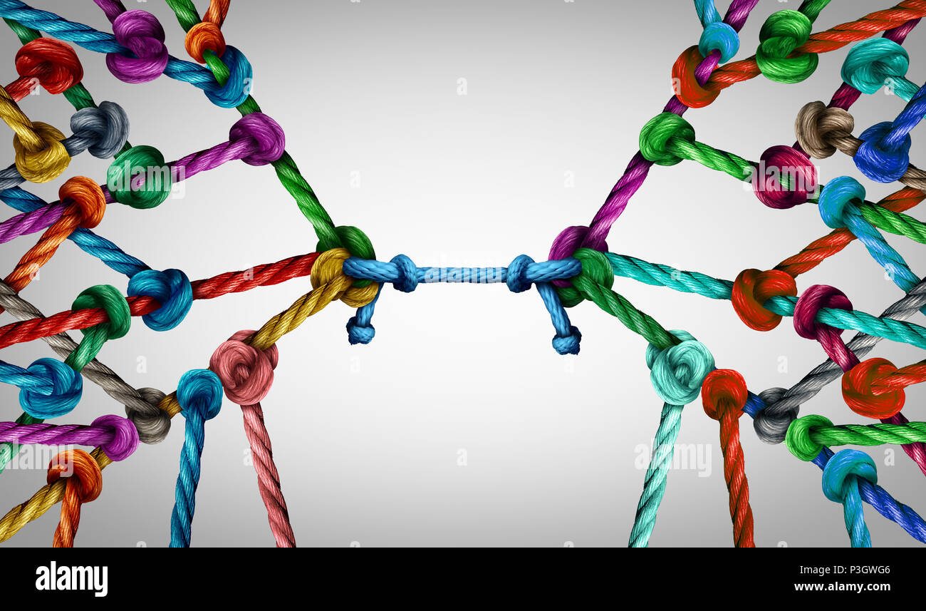 Connecting teams and connected group concept as many different ropes