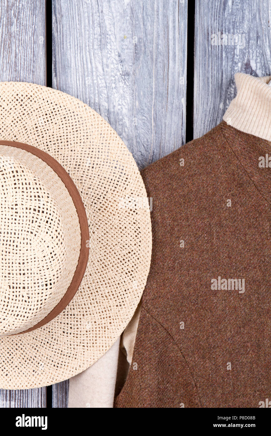 Flat lay hat and jacket Stock Photo Alamy