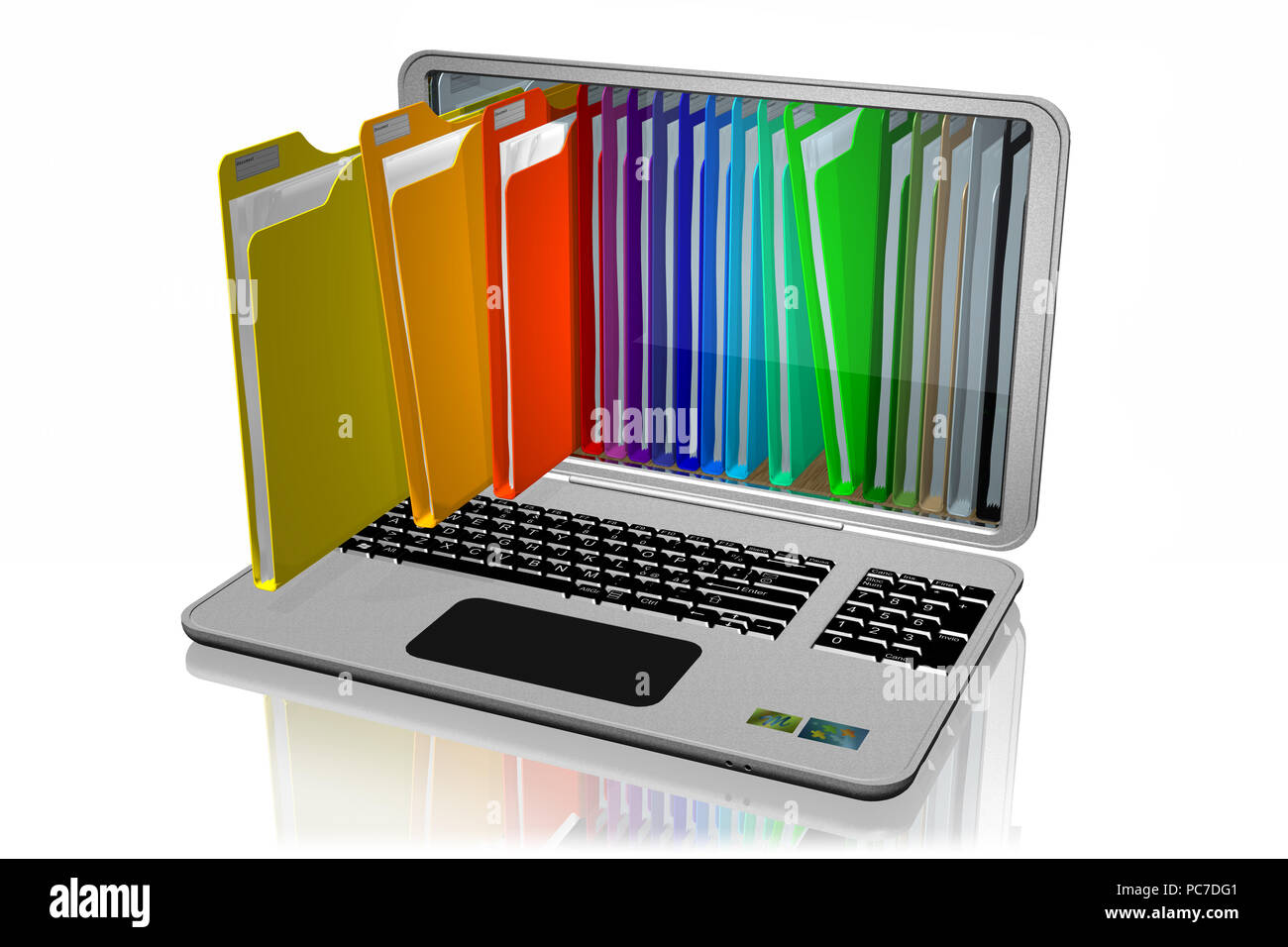 Computers with colored folders for storing documents. Database Stock