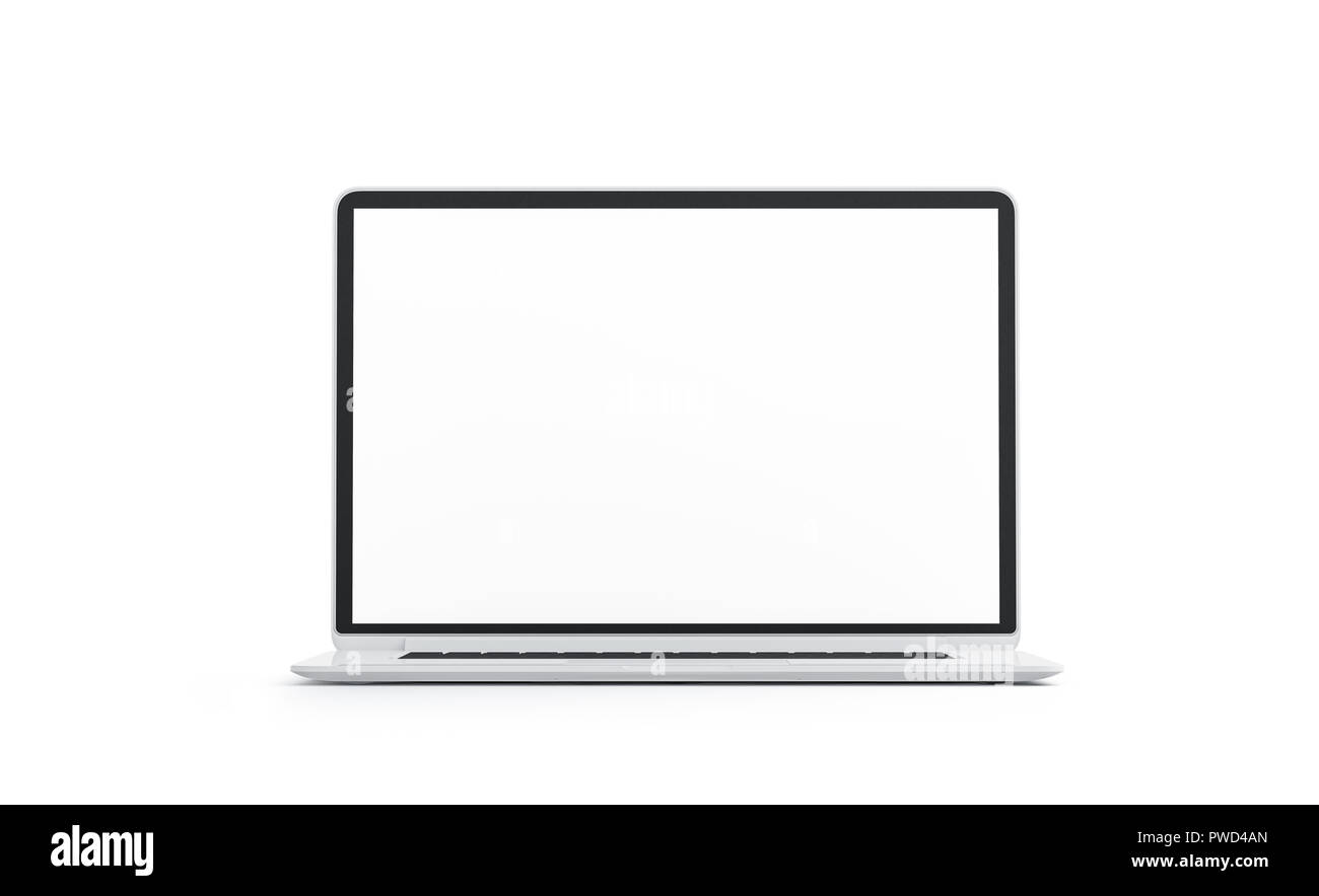 Blank white laptop screen mock up, isolated, 3d rendering. Empty computer display mockup, front