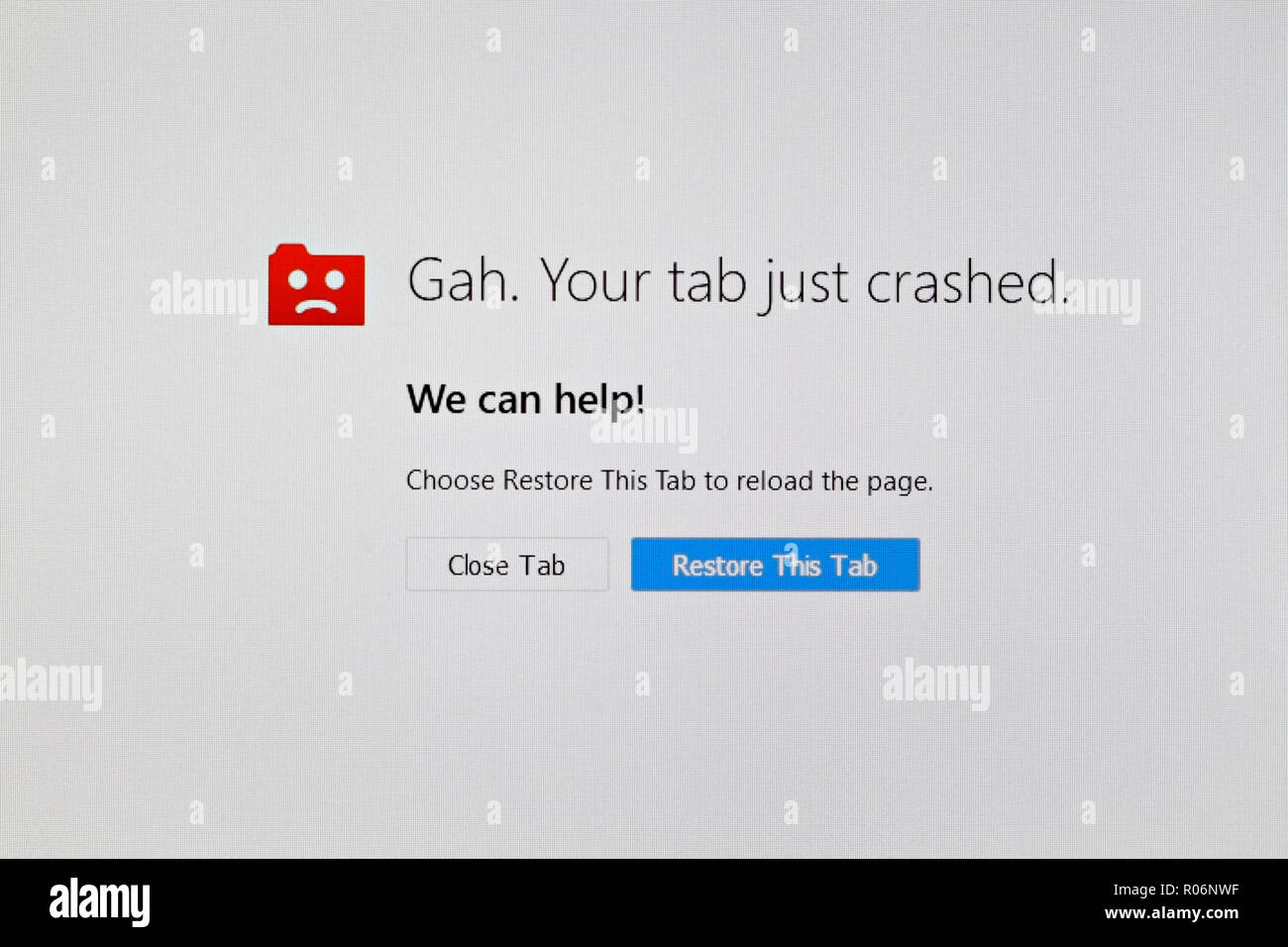 Firefox browser, tab crash screen message, browser error