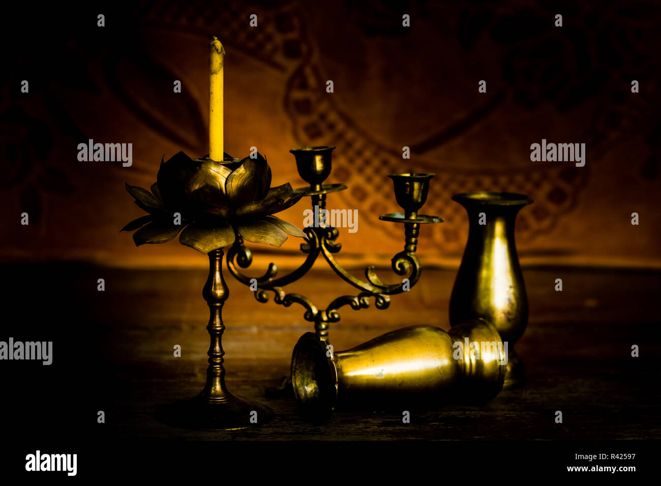 Candlesticks, vases and candle Stock Photo Alamy