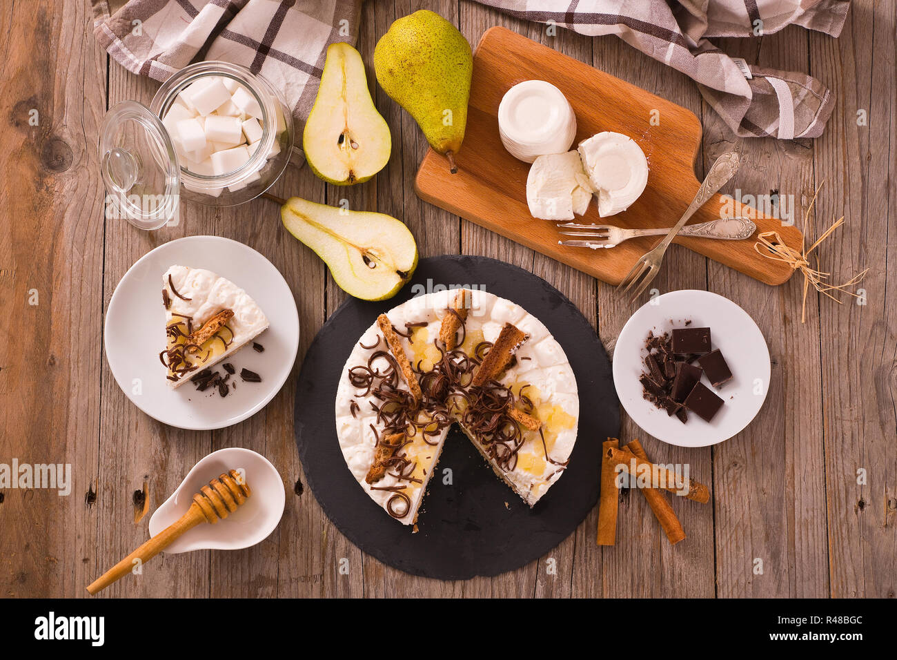 Ricotta and pear cheesecake Stock Photo Alamy