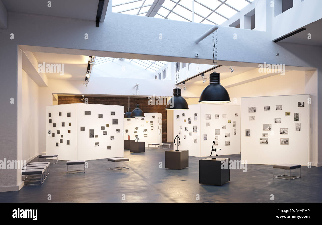 modern museum exhibition interior. 3d design concept rendering Stock