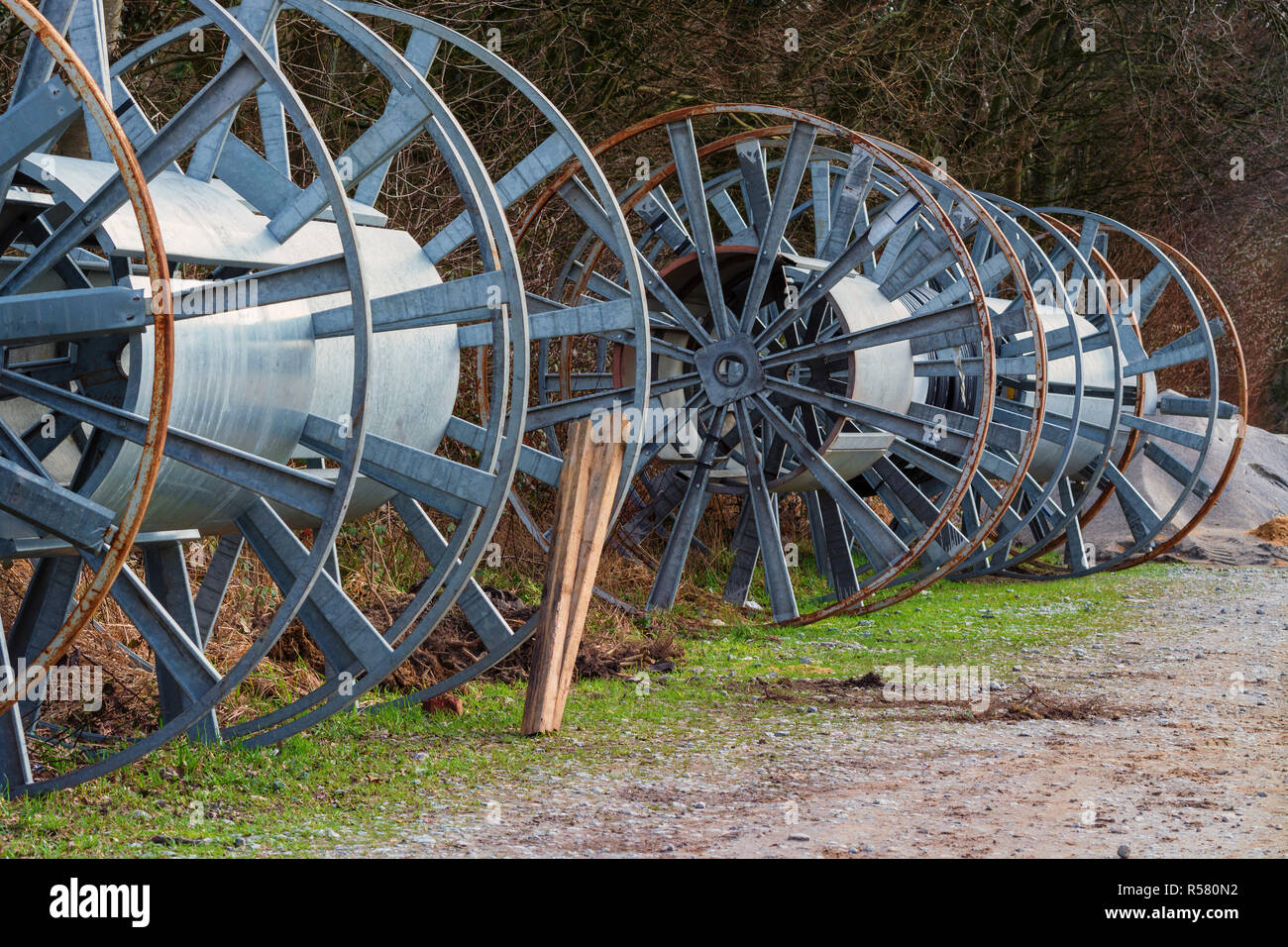empty large metal cable reels Stock Photo Alamy