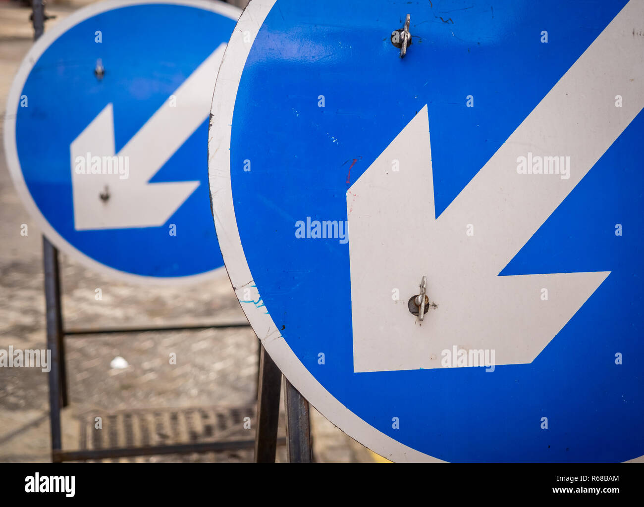 Two blue round road signs Stock Photo Alamy