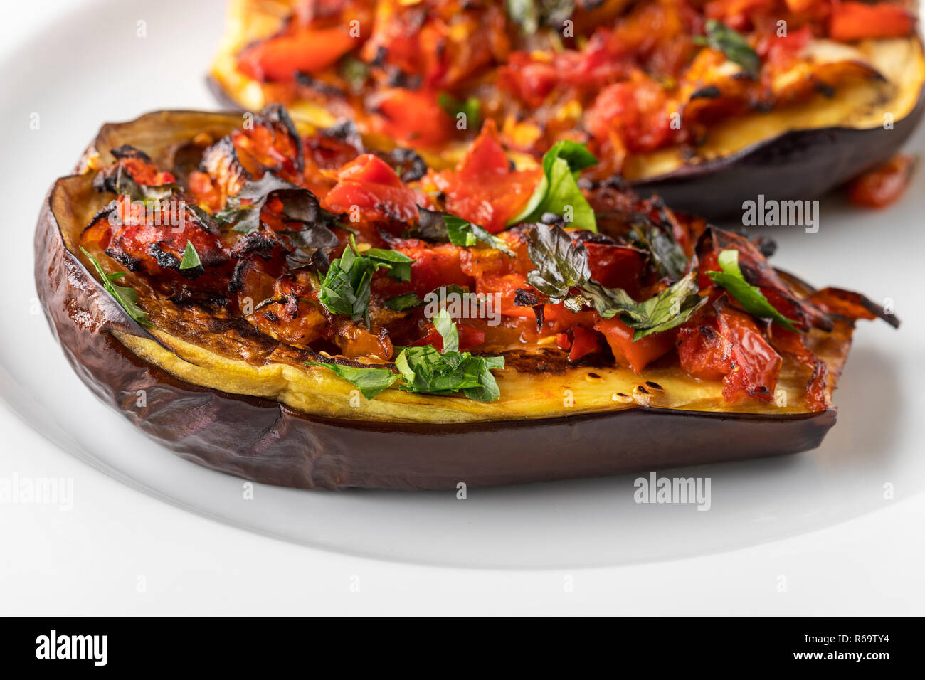 Grilled Stuffed Aubergine Stock Photo Alamy