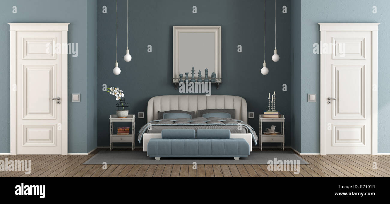 Elegant blue master bedroom Stock Photo Alamy