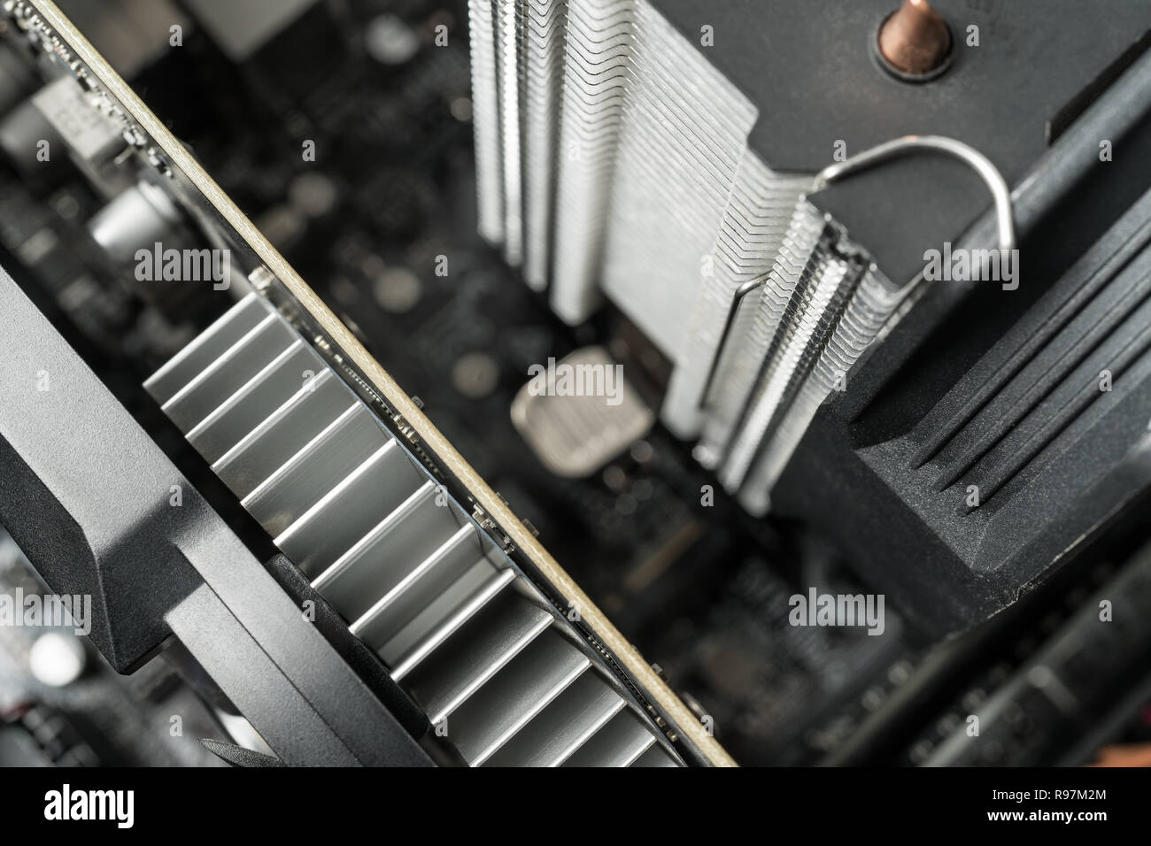 Closeup on pc computer internal parts. Graphics card and cpu processor