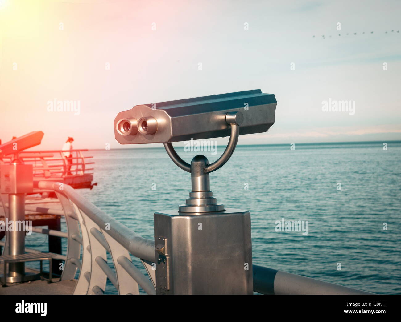 Binoculars on the sea deck Stock Photo Alamy
