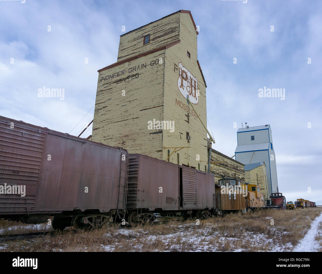 Old grain elevator building railroad hires stock photography and