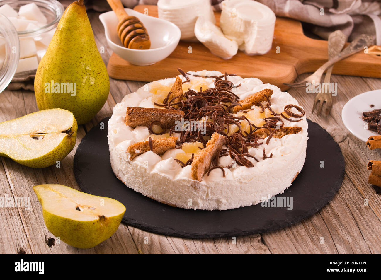 Ricotta and pear cheesecake Stock Photo Alamy
