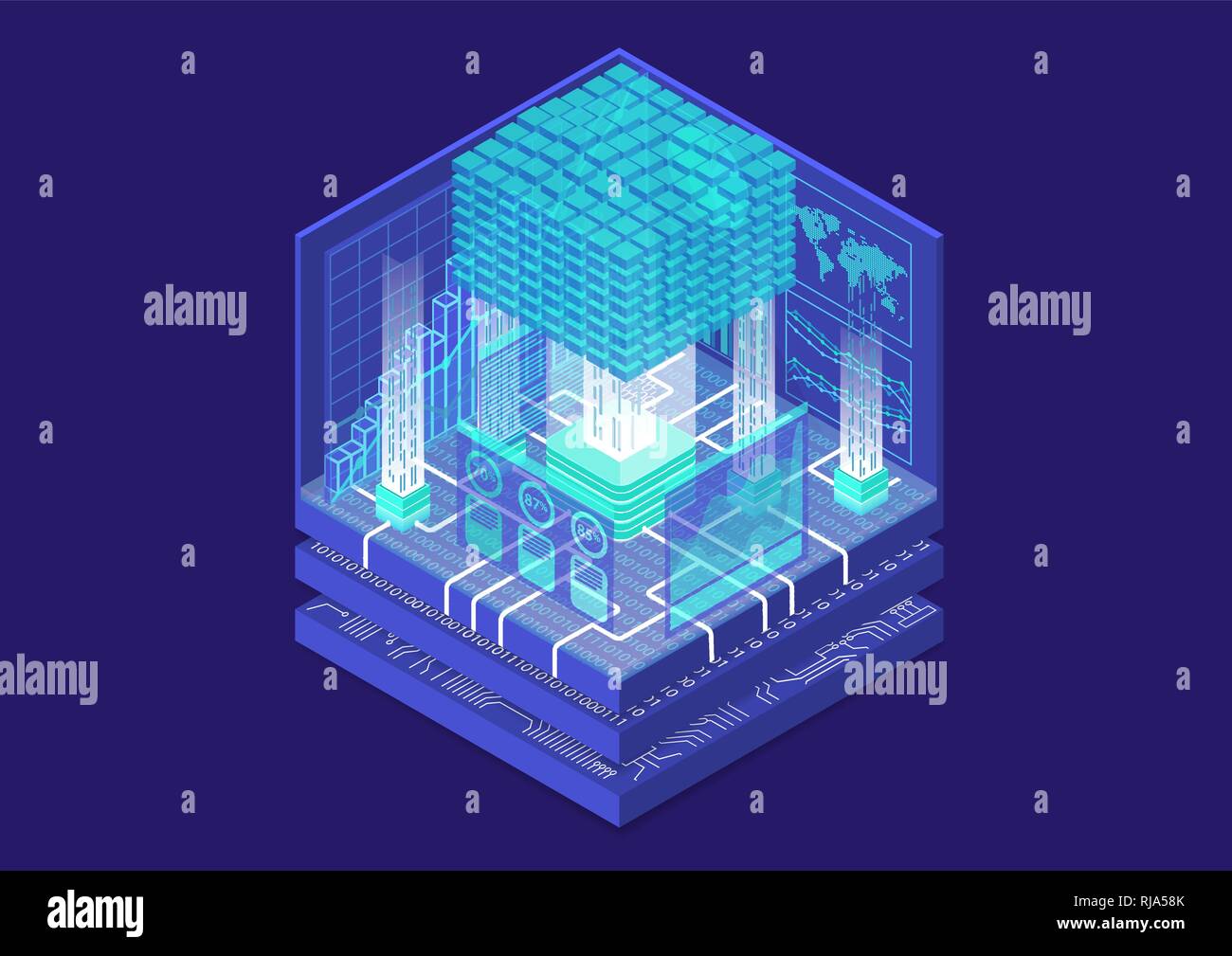 Big data and analytics concept with digital data cube and