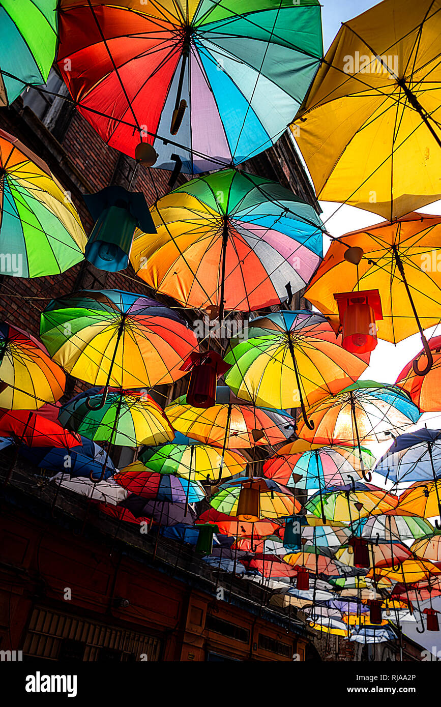 streets with umbrella decor Stock Photo Alamy