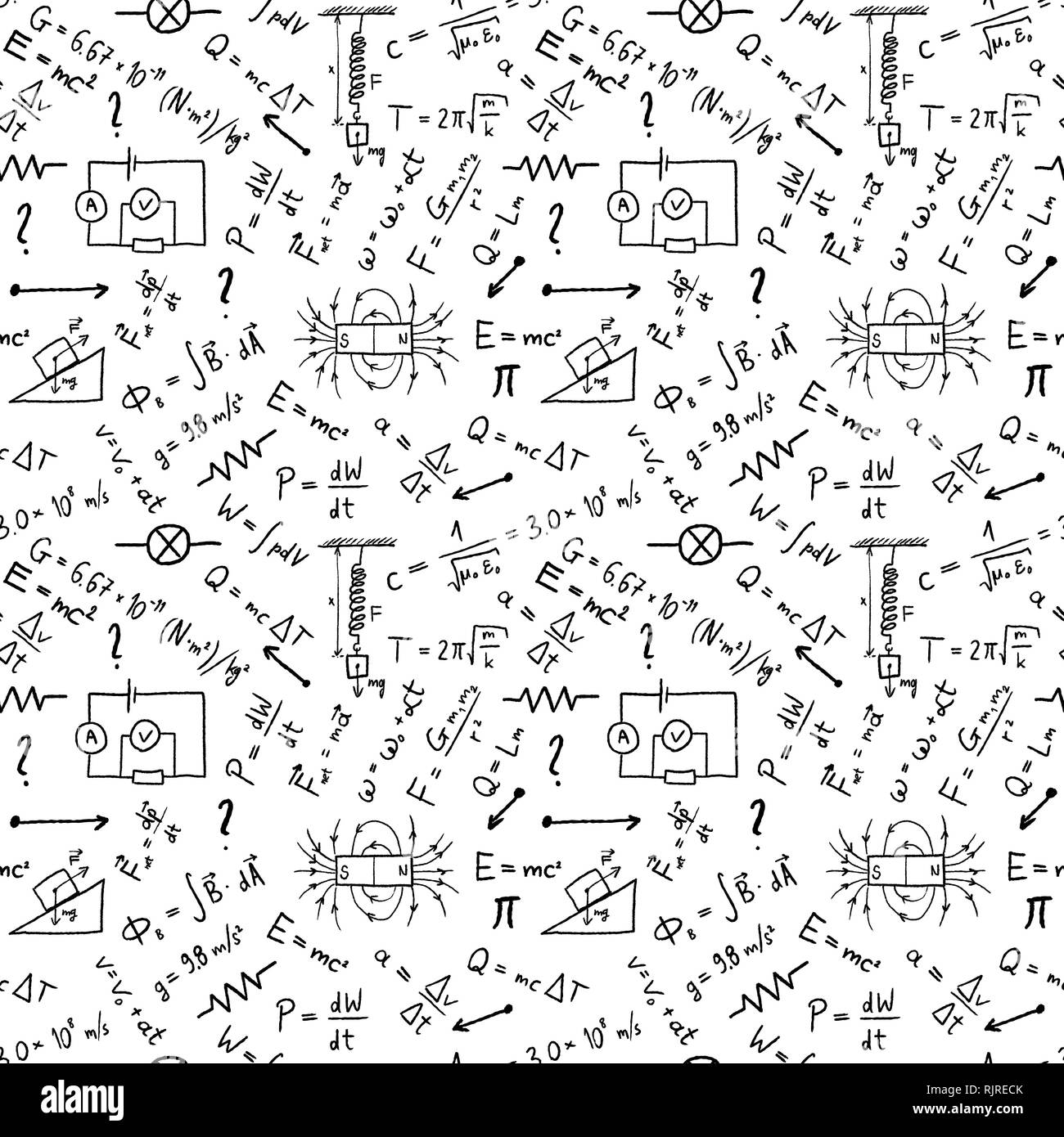 Science doodle background seamless vector texture with physics
