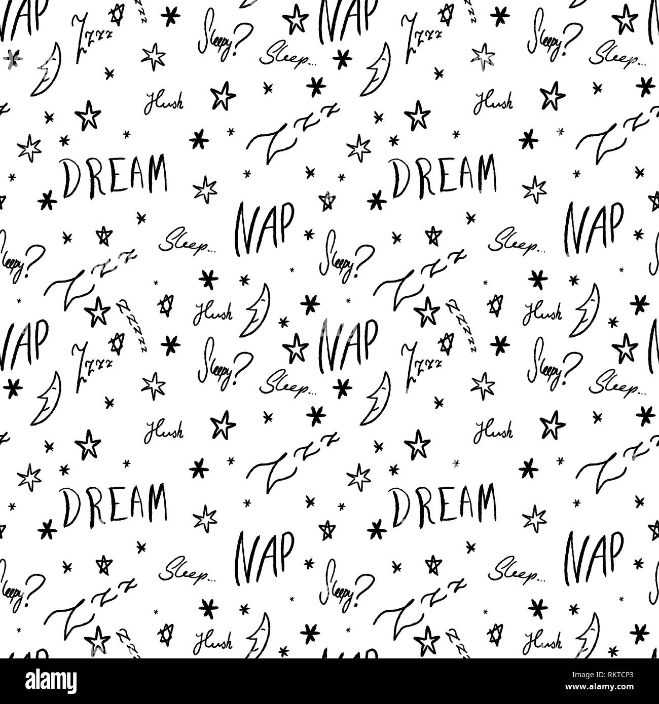 Bedsheets design pattern. Sleepy doodle sleep time vector texture