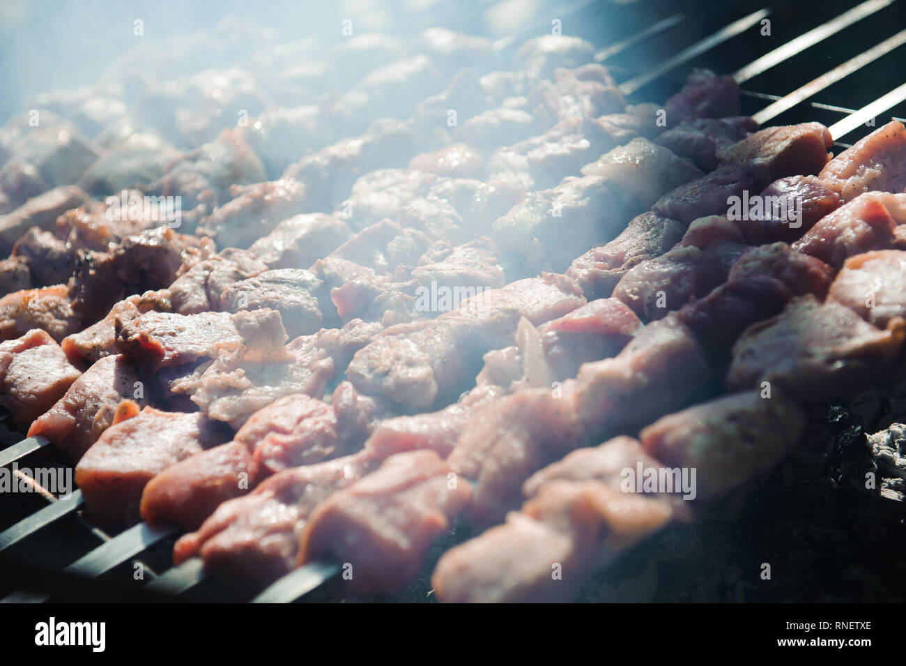Beef and pork steak bbq on the grill Stock Photo Alamy