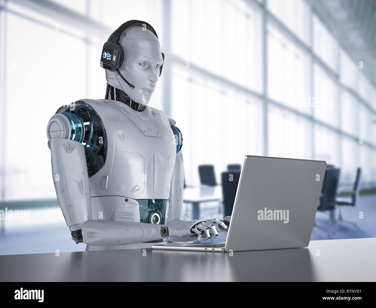 Chat bot concept with 3d rendering humanoid robot with headset work on